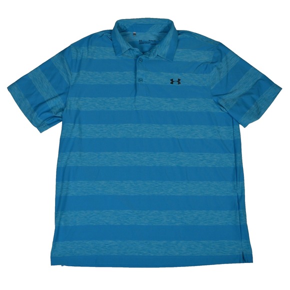 Under Armour Heat Gear Mens Striped Active Polo Shirt XL Blue Loose Fit Stretch‎ - Picture 1 of 6